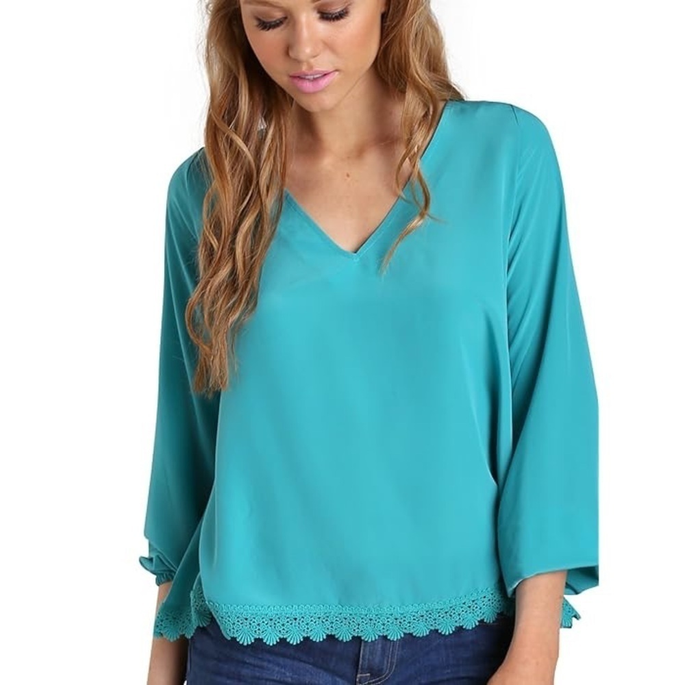 Lovers + Friends Green V-Neck Balloon Sleeve Lace Embroidered Detail Blouse M